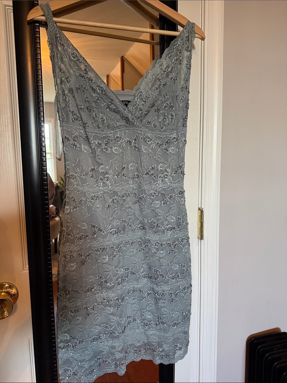 Lace V-Neck Sleeveless Women’s Dress in Gray Blue beaded and lace